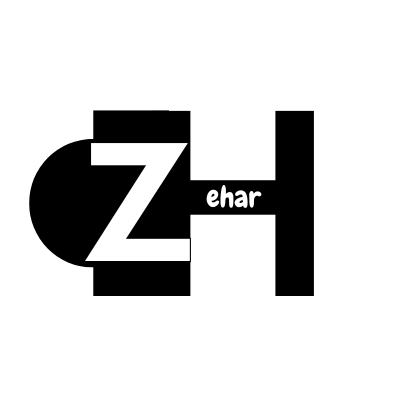 Black and white logo with 'ZH' and 'ehar' text on a white background